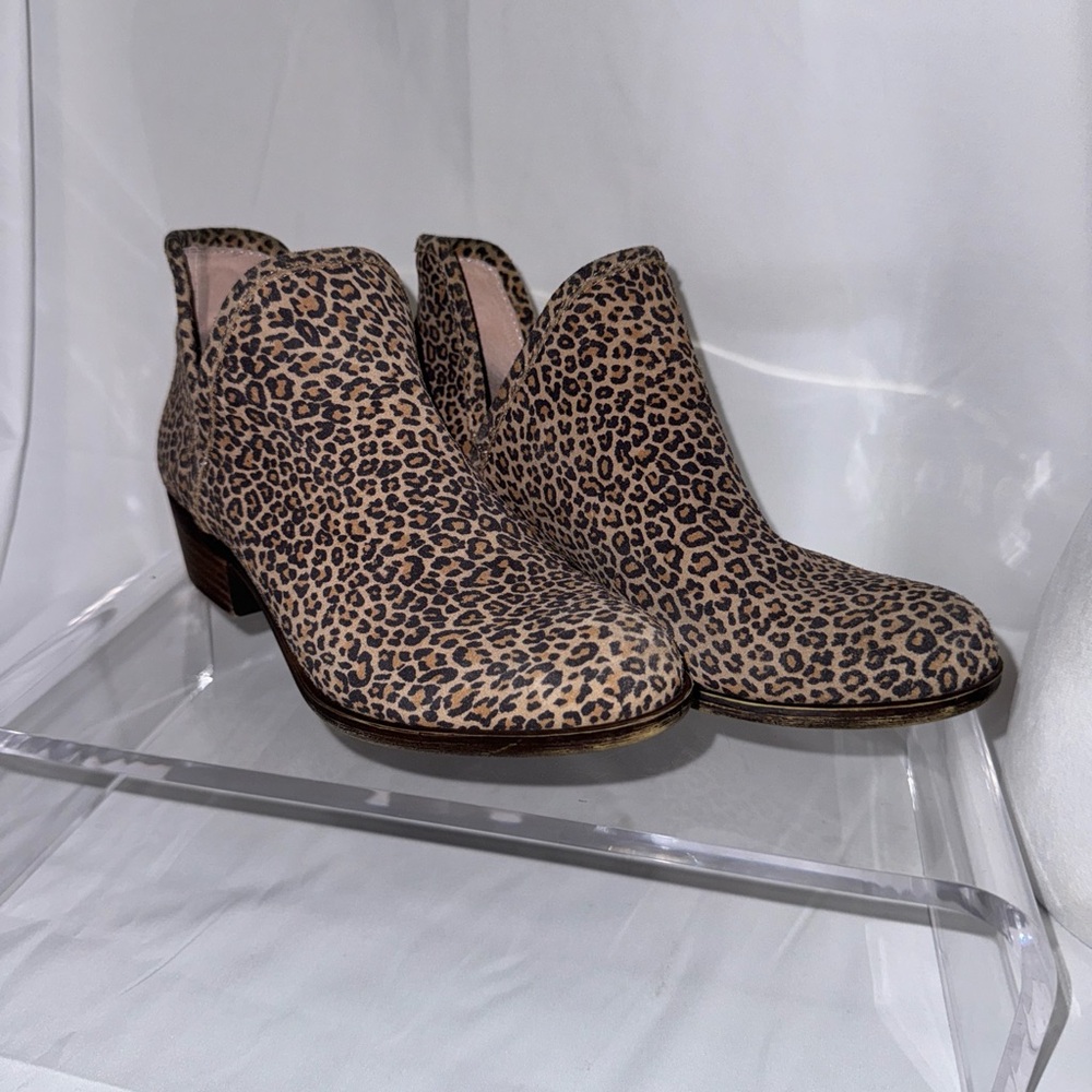 Lucky Brand Boots Womens 7  Baley Leopard Print Ankle Bootie Brown Suede Heels
